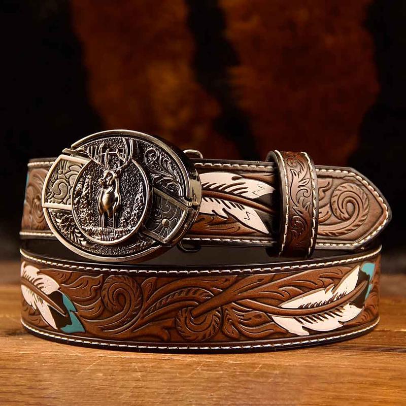 Feather-Printed Leather Belt with an Oval Removable Buckle