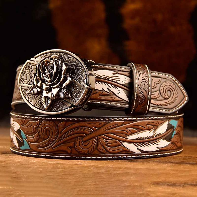 Feather-Printed Leather Belt with an Oval Removable Buckle