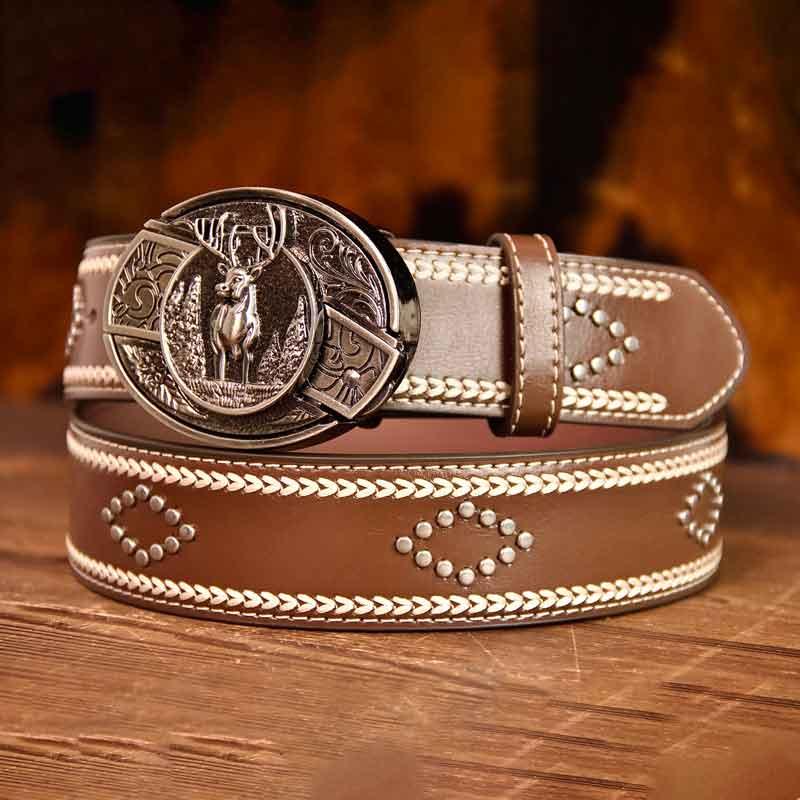 Rose Buckle Vintage-Printed Leather Belt