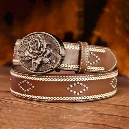 Rose Buckle Vintage-Printed Leather Belt