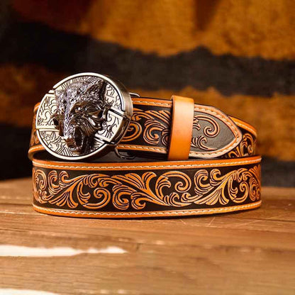 Wolf Buckle Western Leather Printed Knife Belt