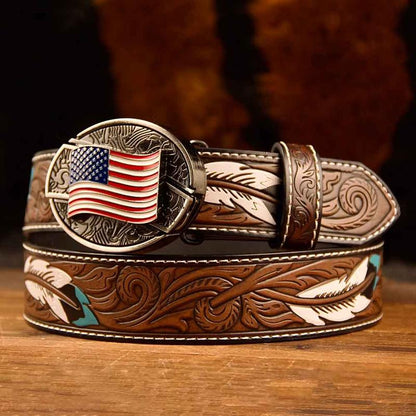 Feather-Printed Leather Belt with an Oval Removable Buckle