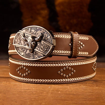 Dragon Buckle Vintage-Printed Leather Belt