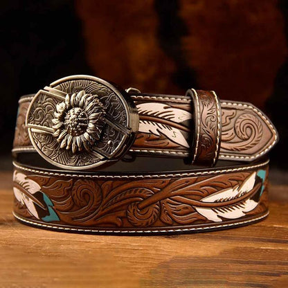 Feather-Printed Leather Belt with an Oval Removable Buckle