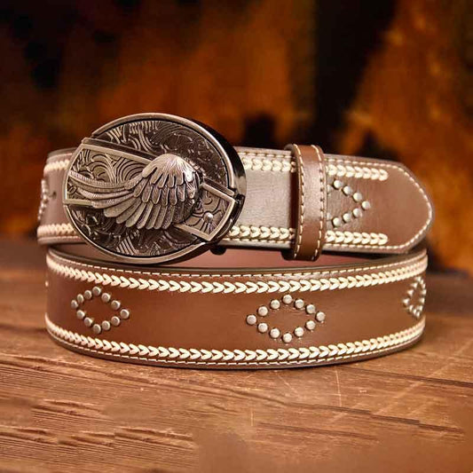 Wings Buckle Vintage-Printed Leather Belt