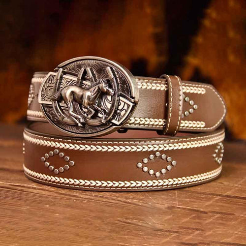 Horse Buckle Vintage-Printed Leather Belt