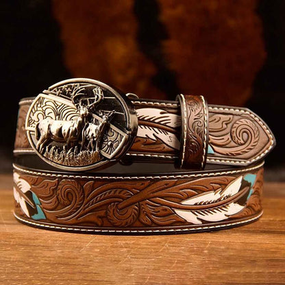 Feather-Printed Leather Belt with an Oval Removable Buckle