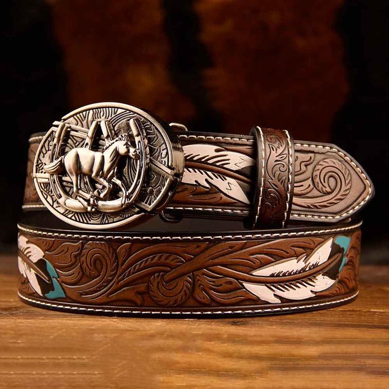 Feather-Printed Leather Belt with an Oval Removable Buckle