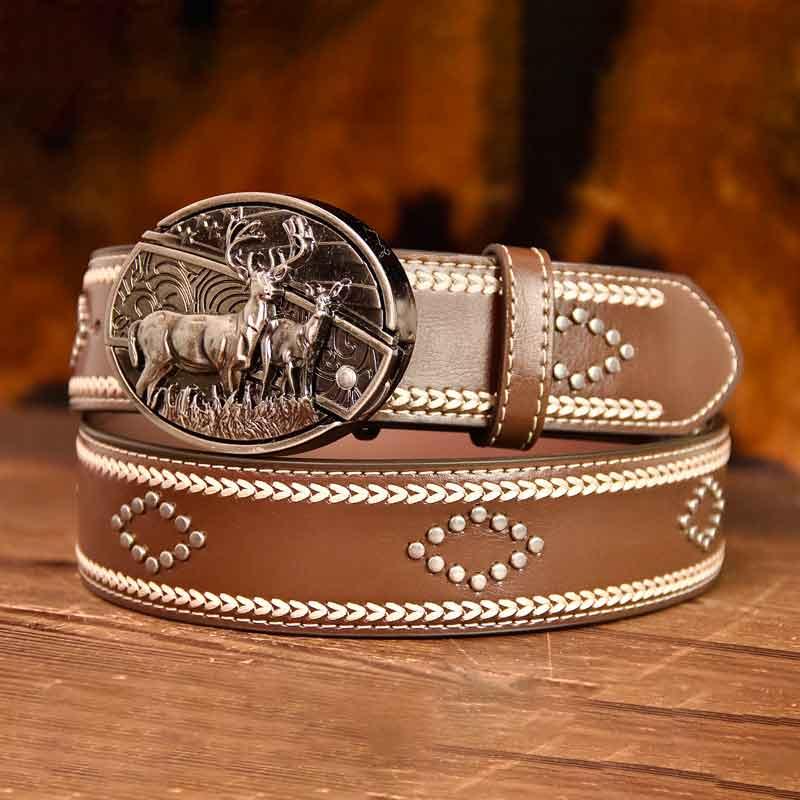 Horse Buckle Vintage-Printed Leather Belt