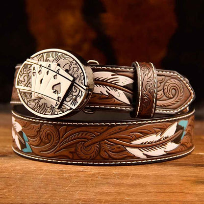 Feather-Printed Leather Belt with an Oval Removable Buckle