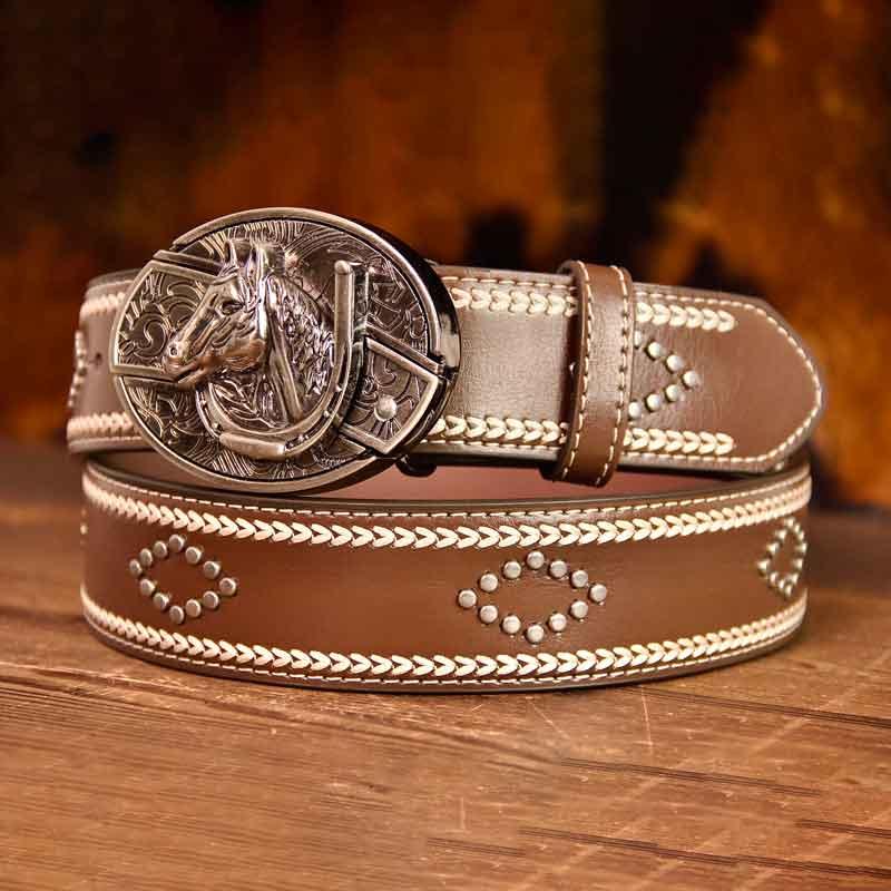 Dragon Buckle Vintage-Printed Leather Belt