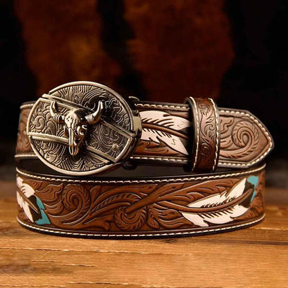 Feather-Printed Leather Belt with an Oval Removable Buckle