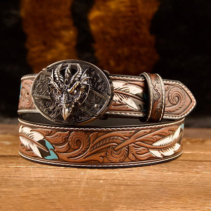 Feather-Printed Leather Belt with an Oval Removable Buckle