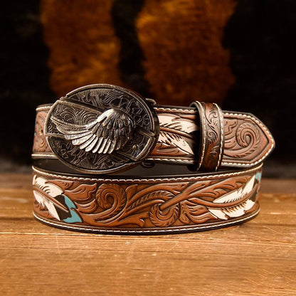 Feather-Printed Leather Belt with an Oval Removable Buckle