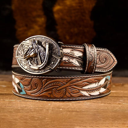 Feather-Printed Leather Belt with an Oval Removable Buckle