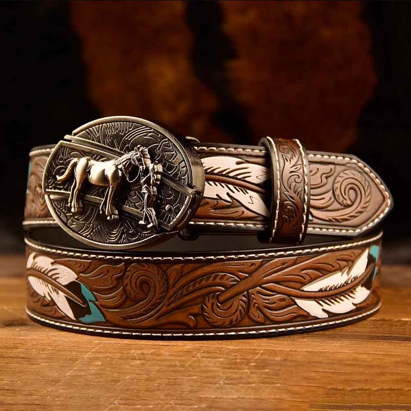 Feather-Printed Leather Belt with an Oval Removable Buckle