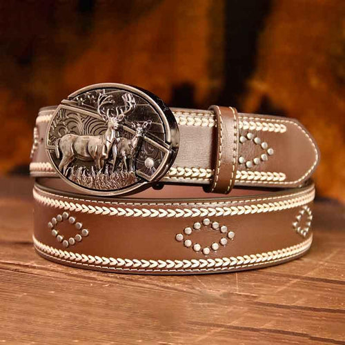 American Flag Deer Buckle Vintage-Printed Leather Belt