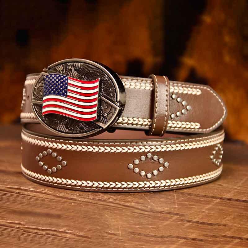 American flag Buckle Vintage-Printed Leather Belt