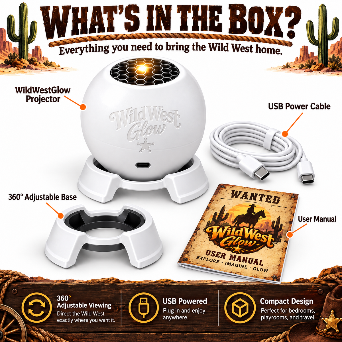 WildWestGlow Western Room Projector - what's in the box
