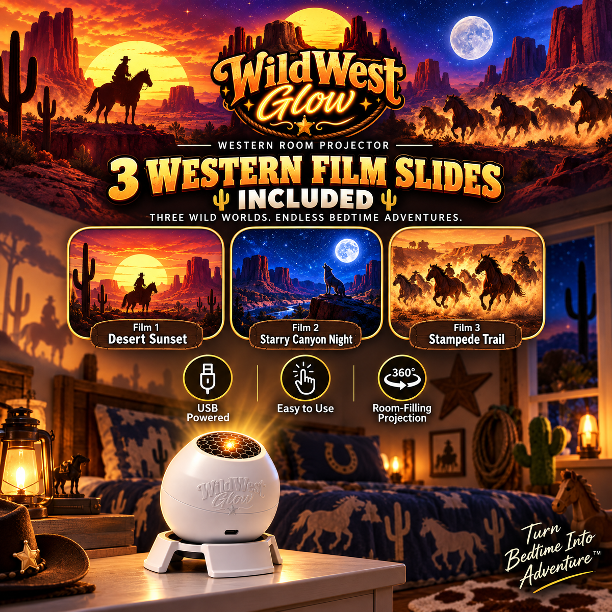 WildWestGlow Western Room Projector - 3 western film slides included